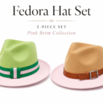 Green & Tan Fedora Hat Set with Striped & Leather Bands